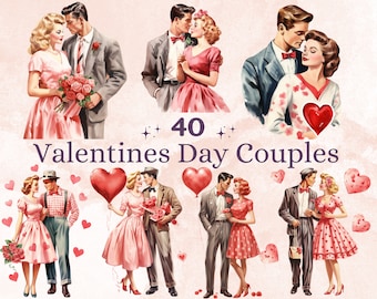 40 PNG Watercolor Valentine's Day Couple Clipart Bundle, Valentines Day People Illustrations Clip art, Cute Love Couple Png Sublimation