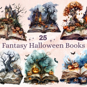25 png aquarel fantasy halloween boeken clipart, open boek illustraties, gotische bloemen boek png, schattig griezelig boek illustraties, heks magische boeken