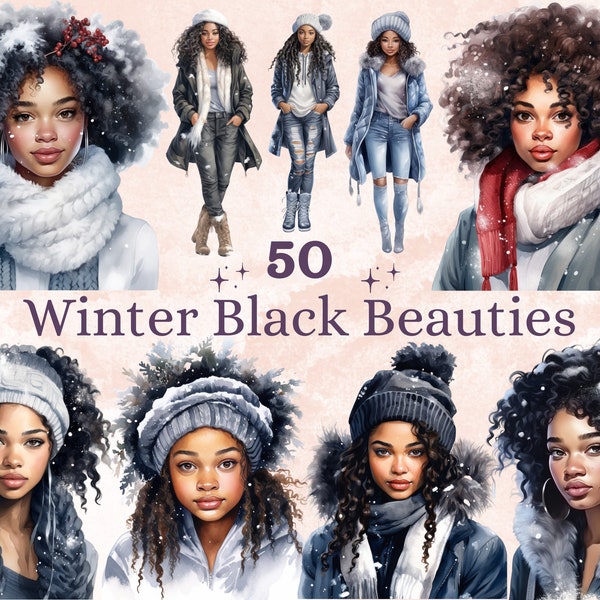 50 PNG Watercolor Winter Black Beauties Clipart, Winter Afro Lady Illustrations Clip art, Winter Melanin Woman Png, African Girl Sublimation