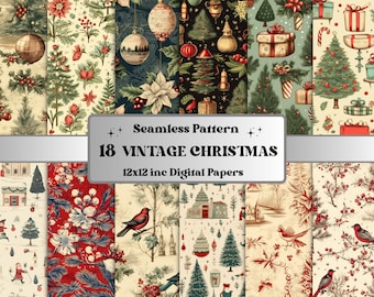 Seamless Vintage Christmas Digital Paper Pack, Winter Holiday Seamless Pattern, Old Christmas Festive Texture Background, Scrapbook Papers