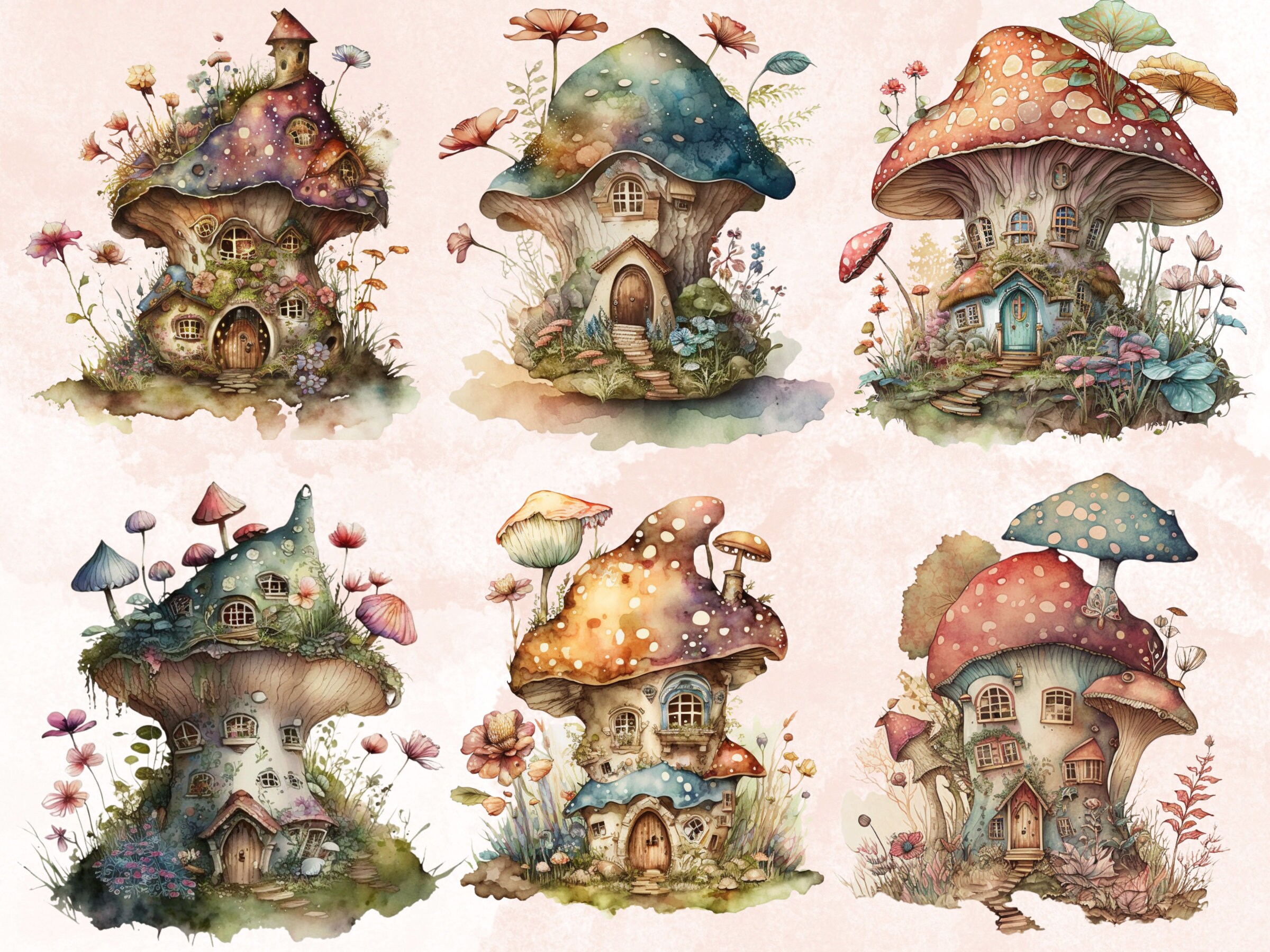 16 PNG Mushroom Houses Clipart, Fairy Watercolor Mushroom House Clipart ...
