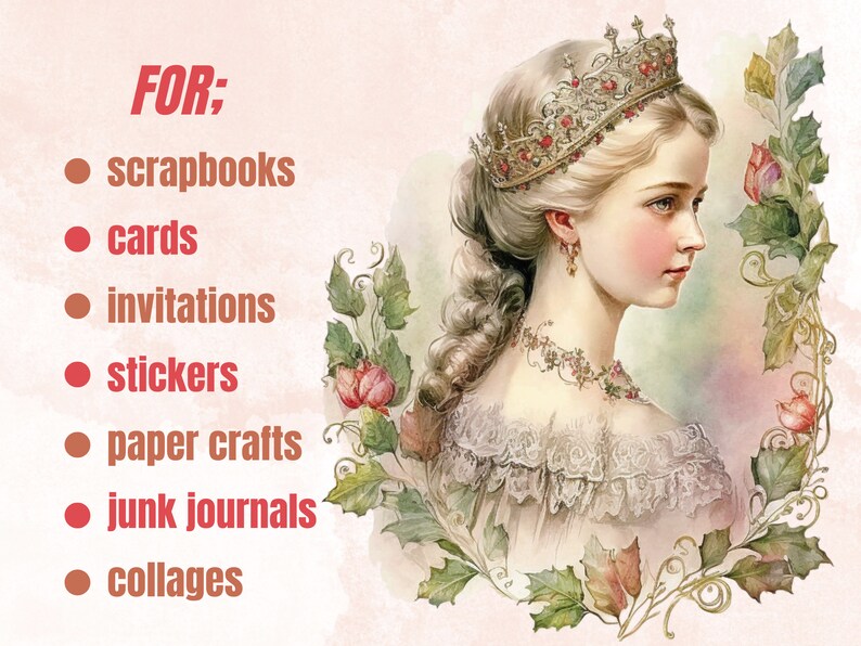 28 PNG Watercolor Vintage Princess Clipart, Princess Clip Art Watercolour Bundle, Princess Clipart PNG, Retro Princess PNG Image, Edwardian