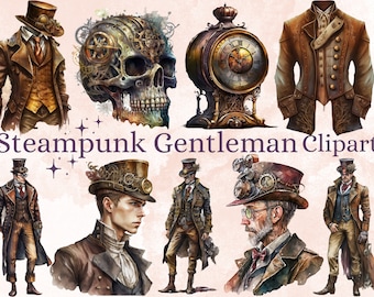 32 PNG Watercolour Steampunk Gentleman Clipart, Steampunk Man Ephemera, Fantasy Steampunk png bundle, Victorian PNG, Steampunk Junk Journal
