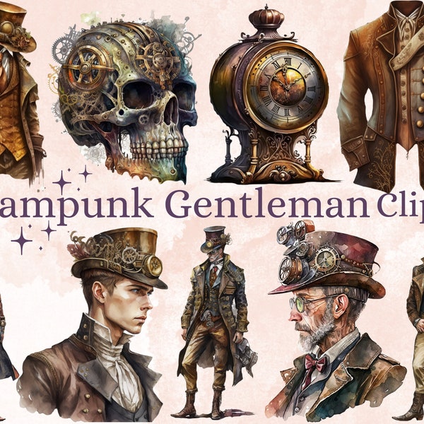 32 PNG Watercolour Steampunk Gentleman Clipart, Steampunk Man Ephemera, Fantasy Steampunk png bundle, Victorian PNG, Steampunk Junk Journal