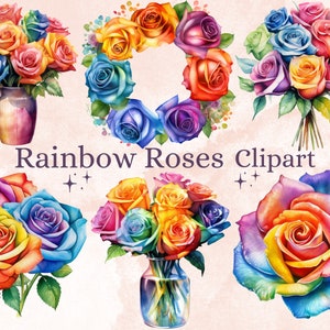 33 PNG Watercolor Rainbow Roses Clipart Bundle, Colorful Rose PNG Clip Art, Roses arrangement png, Rose bouquet clipart instant download