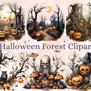 38 PNG aquarel Halloween bos clipart, Halloween bos illustraties illustraties, gotische pompoen boom png, boslandschap sublimatie