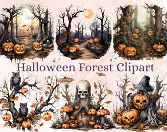 38 PNG Watercolor Halloween Forest Clipart, Halloween Woodland Illustrations Clip art, Gothic Pumpkin Tree png, Forest Landscape Sublimation