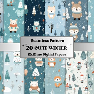 Paquete de papel digital de invierno lindo sin costuras, patrón repetitivo de vacaciones nevadas Kawaii, fondo de textura sin costuras festivo de Navidad, Scrapbooking