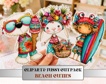 Beach Cuties Fussy Cuts & Clipart, Whimsical Beach Cut Outs, Summer Ephemera, Junk Journal Scrapbook Kit, Quirky Paper Craft