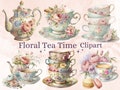 30 PNG Watercolor Vintage Floral Tea Time Clipart, Pastel Tea Clipart, Tea Time art, Flower Teacup Png, Tee-Illustration, Tea Party Bundle
