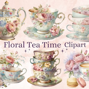 30 PNG Aquarela Vintage Floral Tea Time Clipart, Pastel Tea Clipart, Tea Time art, Flower Teacup Png, Tee-Illustration, Tea Party Bundle