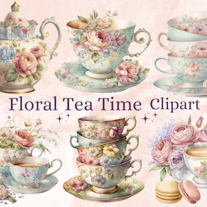 30 PNG Watercolor Vintage Floral Tea Time Clipart, Pastel Tea Clipart, Tea Time art, Flower Teacup Png, Tee-Illustration, Tea Party Bundle