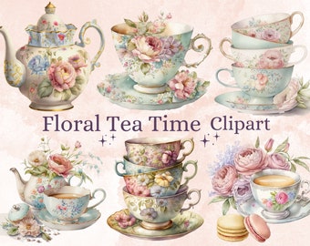 30 PNG Watercolor Vintage Floral Tea Time Clipart, Pastel Tea Clipart, Tea Time art, Flower Teacup Png, Tee-Illustration, Tea Party Bundle