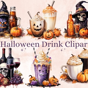 50 PNG Watercolor Halloween Drink Clipart, Pumpkin Spice Latte Ilustrações Clip art, Halloween Coffee png, Trick or Treat Sublimation