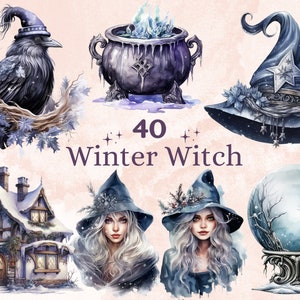 40 PNG aquarelle sorcière hiver Clipart, neige forêt sorcellerie Illustrations Clip art, fantaisie hiver femme Png, sublimation occulte païenne