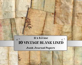 Vintage blankt linjerat skräpjournalpapperspaket, dubbla sidor Ephemera-kit, grunge-collage-scrapbookpapper, utskrivbara horisontella digitala sidor
