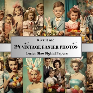 Afdrukbare Vintage Pasen Foto's Digitaal Papier, Retro Pasen Oude Foto's, Lente Pasen Kids Ephemera, Paasscène Foto's, Kaarten maken