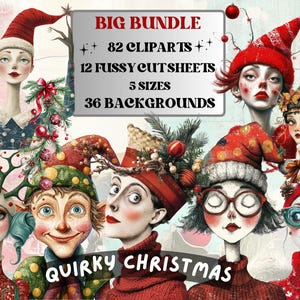 May include: Digital art featuring whimsical Christmas characters wearing festive hats and sweaters. The image includes text that reads "BIG BUNDLE" and "QUIRKY CHRISTMAS", with details about the included cliparts, cut sheets, sizes, and backgrounds.