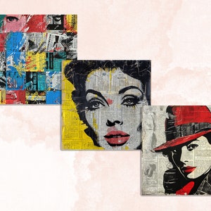 May include: Three square canvas art pieces. One features a collage of colorful squares with eyes and paint splatters. Another depicts a woman's face with bold black lines and red lips. The third shows a woman in a red hat.