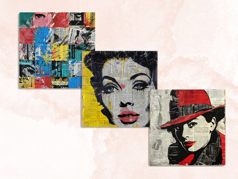 May include: Three square canvas art pieces. One features a collage of colorful squares with eyes and paint splatters. Another depicts a woman's face with bold black lines and red lips. The third shows a woman in a red hat.