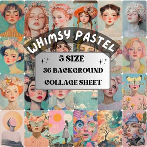 Whimsy Pastel Collage Paper, Pastel Surreal Art Mixed Media Sheet, Whimsical Ephemera Images, Quirky Junk Journal, Pastel Scrapbook Paper