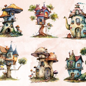 30 PNG Watercolor Quirky House Clipart, Whimsical Mushroom House Illustrations Clip art, Teapot Fairy House png, Cute Apartment Sublimation