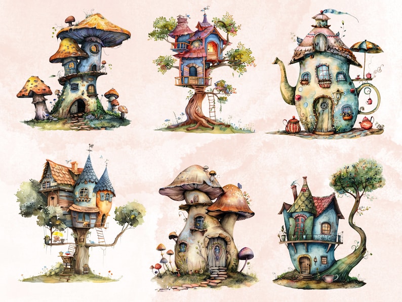 30 PNG Watercolor Quirky House Clipart, Whimsical Mushroom House Illustrations Clip art, Teapot Fairy House png, Cute Apartment Sublimation