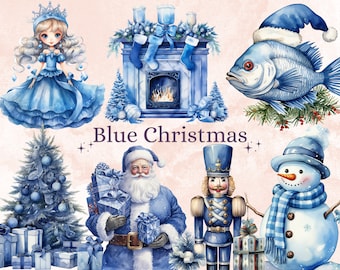 45 PNG Watercolour Blue Christmas Clipart, Pastel Christmas Blue Illustrations Clip art, Winter Holiday png, Pastel Xmas Noel Ornaments