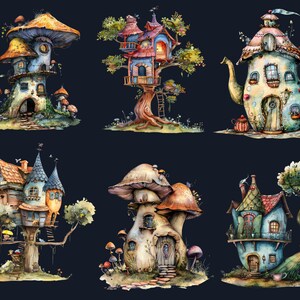 30 PNG Watercolor Quirky House Clipart, Whimsical Mushroom House Illustrations Clip art, Teapot Fairy House png, Cute Apartment Sublimation