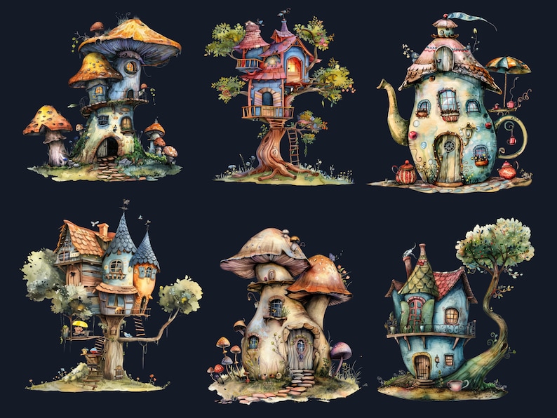 30 PNG Watercolor Quirky House Clipart, Whimsical Mushroom House Illustrations Clip art, Teapot Fairy House png, Cute Apartment Sublimation