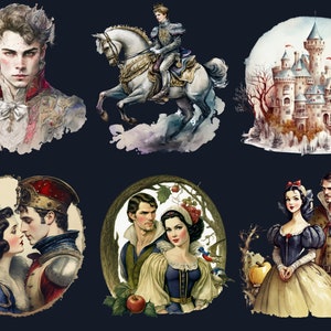 40 PNG Watercolour Snow White Clipart, Snow White Princess Seven Dwarves Png, Fantasy Fairytale Clipart, Evil Queen, Vintage Fairy Tale Set