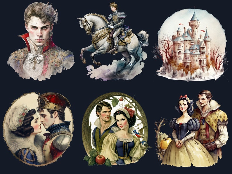 40 PNG Watercolour Snow White Clipart, Snow White Princess Seven Dwarves Png, Fantasy Fairytale Clipart, Evil Queen, Vintage Fairy Tale Set