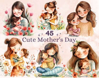 45 PNG aquarelle mignon fête des mères Clipart, Illustrations Kawaii fête des mères Clip art, maman et enfant png, sublimation numérique maman amour