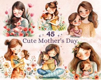 45 PNG Watercolor Cute Mother's Day Clipart, Kawaii Mothers Day Illustrations Clip art, Mom and Child png, Digital Mom Love Sublimation