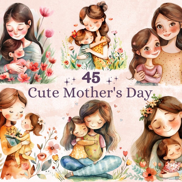 45 PNG Watercolor Cute Mother's Day Clipart, Kawaii Mothers Day Illustrations Clip art, Mom and Child png, Digital Mom Love Sublimation