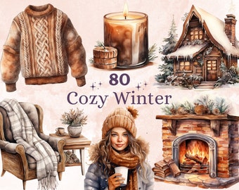 May include: A collection of 80+ cozy winter illustrations featuring a brown cable knit sweater, a lit candle, a small wooden cabin with snow on the roof, a fireplace with a fire burning inside, a cozy armchair with a plaid throw blanket, a side table with a potted plant and a cup, and a woman with long brown hair wearing a brown knitted hat and scarf, holding a cup of coffee.