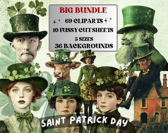 May include: A digital clipart bundle for Saint Patrick's Day featuring 69 clip art images, 10 fussy cut sheets, 36 backgrounds, and 5 sizes. The images include a cow, a leprechaun, and people wearing green hats.