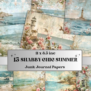 Sommer Shabby Junk Journal Papier, Shabby Küsten Ephemera Kit, Floral Strand Collage Scrapbook Papier, druckbare horizontale digitale Seiten