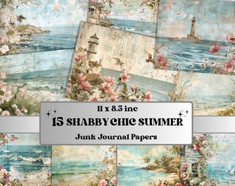 Könnte beinhalten: 15 digitale Papiere mit einem Shabby-Chic-Sommerthema mit Bildern von Leuchttürmen, Meereslandschaften und Blumen. Die Papiere sind 28 x 21,6 cm groß.