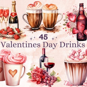 45 PNG Acquerello San Valentino Drink Clipart, Illustrazioni di caffè di San Valentino Clip art, Vino Birra Champagne Png, Sublimazione dell'ora del tè