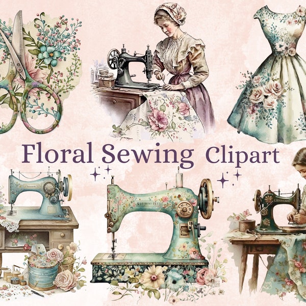 40 PNG Watercolor Vintage Floral Sewing Clipart, Sewing machine clip art, Sewing Kit PNG Bundle, Victorian Love Sewing, Vintage Illustration