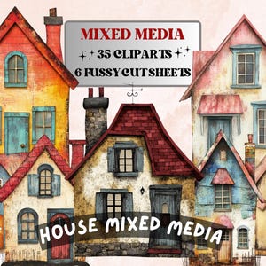 Puede incluir: Ilustración en acuarela de varias casas coloridas con tejados y paredes rojas, naranjas, azules y amarillas. La imagen incluye el texto "MIXED MEDIA" y "HOUSE MIXED MEDIA" con detalles sobre cliparts y hojas recortadas.