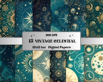 Vintage Celestial Digital Paper, Watercolor Textures Printable Scrapbook Paper, Galaxy Scrapbook Papers Cards, zodiac background card