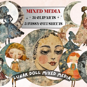 Skurrile Lunar Puppe Mixed Media Clipart, Celestial Girl Fussy Cut Collage Sheet, schrullig ausgeschnittene Ephemera, Grunge Textur für Scrapbooking