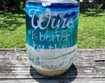 Beach Wine Tumbler: Ocean Glitter Epoxy Cup - Coastal Summer Gift