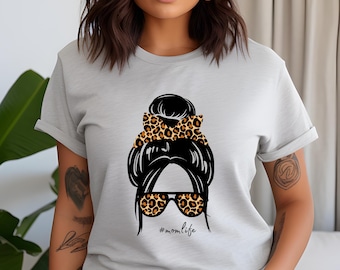 Momlife Leopard Messy Bun Hair T-Shirt, Motherhood Graphic Tee