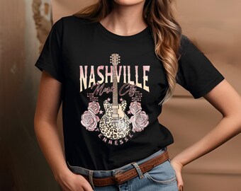 Nashville Graphic Tee | Country Concert Shirt | Leopard Guitar & Roses T-Shirt | Western Cowgirl Style Top