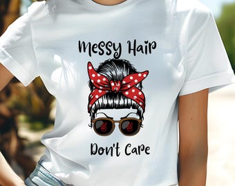 Camiseta "Cabelo Desarrumado, Não Me Importo" | Camiseta Divertida para Mães | Camiseta com Estampa de Coque Desarrumado | Camiseta Feminina Casual e Fofa | Presente para Mães