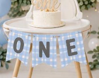 Blue Gingham Highchair Garland for First Birthday
