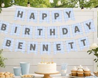 Blue Gingham Flag Banner Digital Download